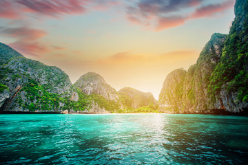 The beautiful Maya bay on Phi Phi Islands. The bay is closed for tourists, because they are...