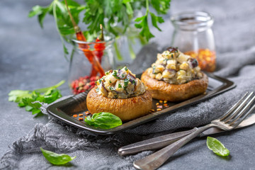 Stuffed mushrooms with eggplant and herbs.
