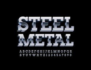 Vector Steel Font. Metallic Alphabet Letters, Numbers and Symbols.