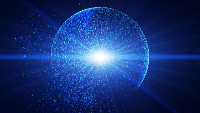 The dark blue background has a small blue  dust particle that shines in a circular motion, explosion light ray beam.