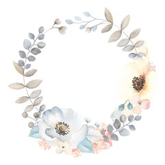 Floral wreath with flowers Anemones, leaves and branches in vintage watercolor style. Vector illustration on white background for your text. Invite frame.