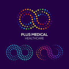 Infinity Colorful logo with Plus or Positive Signs, Line Dot and Pixel concept, Looped and Link symbol, Technology and Digital icon, Medical Healthcare Hospital for your Corporate identity