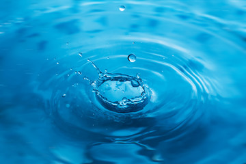 Water drops on blue surface. Water ripple background. Splashes from a drop of water. Raindrops on a blue background. The texture of the water. Aqua, turquoise, macro