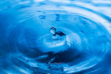 Water drops on blue surface. Water ripple background. Splashes from a drop of water. Raindrops on a blue background. The texture of the water. Aqua, turquoise, macro