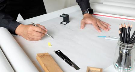 Architecture drawing on desk office.