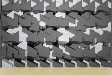 black and silver geometry wall, empty room, 3d rendering