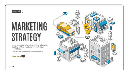 Marketing strategy isometric web banner. Car reach destination gps mark among buildings on map. Financial analytic company business planning, analyzing statistics, vector, landing page, line art style