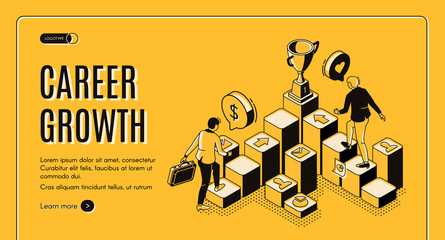 Career growth isometric landing page, businessmen going upstairs by column chart with trophy goblet stand on top, business challenge, job achievement, work progress. 3d vector line art web banner