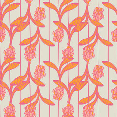 Pink orange african lilly flower with vertical stripes summer floral seamless vector pattern for fabric, wallpaper, scrapbooking, projects.