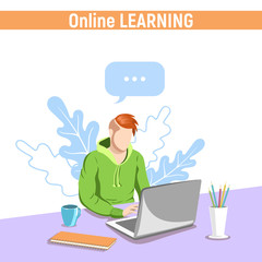 Online education. Young man learning at home. Vector illustration