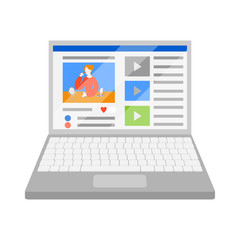 Flat screen computer monitor with beauty blogger on video site. Make up tutorial and cosmetic review on laptop display.