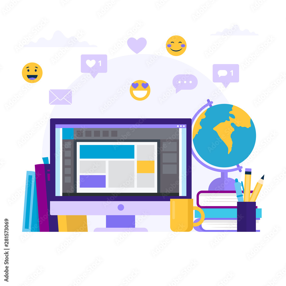 Fototapete online education concept illustration with a computer and different books. vector illustration in fl