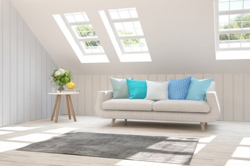 Stylish room in white color with sofa. Scandinavian interior design. 3D illustration