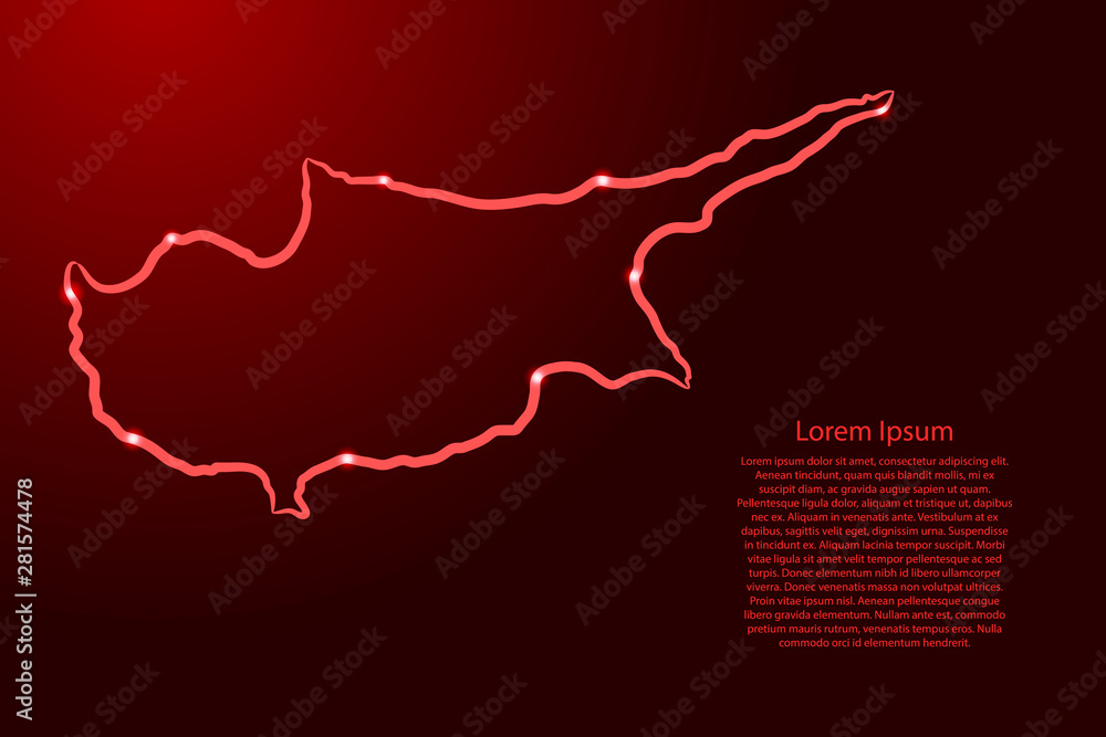 Poster cyprus map from the contour red brush lines different thickness and glowing stars on dark background