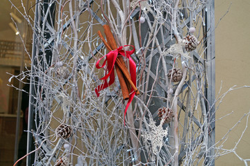 Festive Christmas decor consisting of white branches of cinnamon sticks and pine cones on a winter day