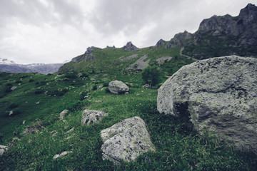 Mountain landscape with snow-capped mountains on horizon