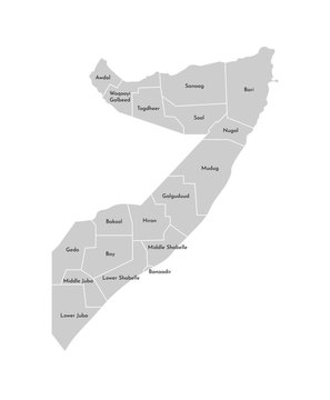 Vector isolated illustration of simplified administrative map of Somalia﻿. Borders and names of the regions. Grey silhouettes. White outline