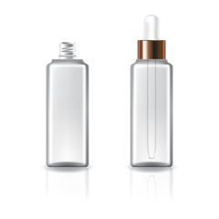 Clear cosmetic square bottle with white dropper and copper ring for beauty, healthy product. Isolated on white background with reflection shadow. Ready to use for package design. Vector illustration.