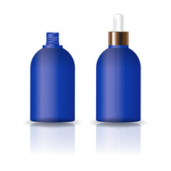 Blank blue round cosmetic bottle with white dropper lid for beauty or healthy product. Isolated on white background with reflection shadow. Ready to use for package design. Vector illustration.