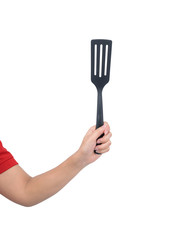 Housekeeper hand holding Plastic ladle isolated on white backround