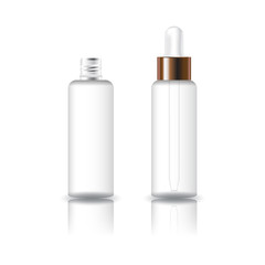 Blank white clear cosmetic round bottle with white dropper lid for beauty product packaging. Isolated on white background with reflection shadow. Ready to use for package design. Vector illustration.