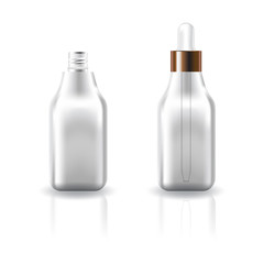 Blank clear square cosmetic bottle with white dropper lid for beauty or healthy product. Isolated on white background with reflection shadow. Ready to use for package design. Vector illustration.