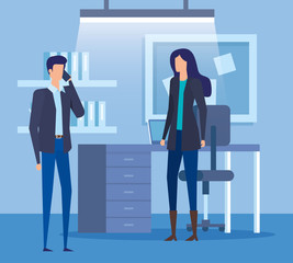 elegant business couple using smartphone in the office