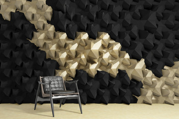 Fototapeta premium black polygonal wall with chair, empty room, 3d rendering
