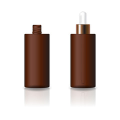 Blank brown cosmetic cylinder bottle with white dropper lid for beauty or healthy product. Isolated on white background with reflection shadow. Ready to use for package design. Vector illustration.