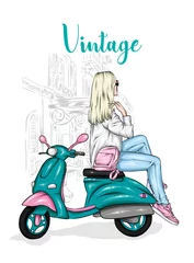 Foto op Plexiglas Beautiful girl in a stylish closes sits on a vintage moped. Vector illustration for postcard or poster, print for clothes. Fashion & Style. © vitalygrin