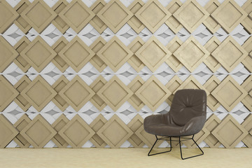 wood flat blocks on white wall with chair, empty room, 3d rendering	