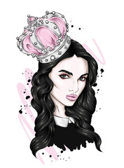 Beautiful girl with long hair in a crown with precious stones. Big eyes and full lips. Vector illustration for greeting card or poster, print on clothes. Fashion and style, accessories.