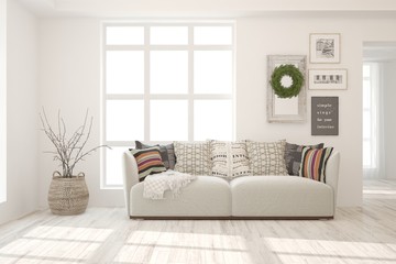 Stylish room in white color with sofa. Scandinavian interior design. 3D illustration