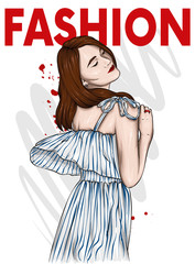 A girl in a beautiful dress. Vector illustration. Clothing and accessories, vintage and retro.