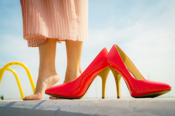 Red high heel classic shoes outdoor