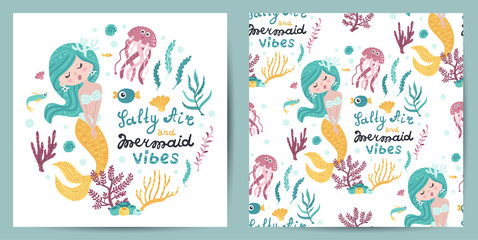 Fototapeta na wymiar Set of seamless pattern and card with cute mermaid