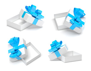 Gift boxes. Open empty white cartons with blue ribbon bows. Male style