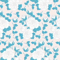 White roses with blue leaves, in a seamless pattern design