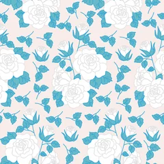 Zelfklevend Fotobehang White roses with blue leaves, in a seamless pattern design © Andreea Eremia 