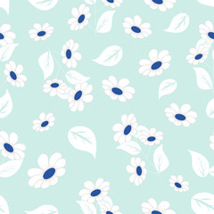 Fototapeta na wymiar White flowers on a blue background, in a seamless pattern design