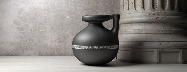 Ceramic ancient greek small pot with handle and marble column, banner. 3d illustration