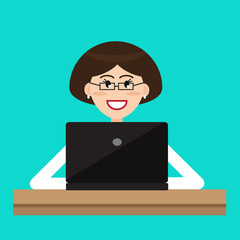 A pretty woman is sitting at a computer. Vector illustration.