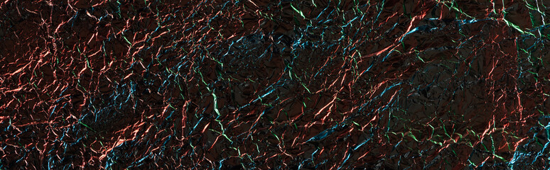 top view of glossy crumpled foil with colorful lighting reflection in darkness isolated on black