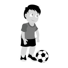 A little boy with a soccer ball. Grey scale vector illustration of flat design.