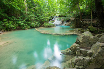 Beautiful waterfall in Erawan waterfall National Park in Kanchanaburi, Thailand