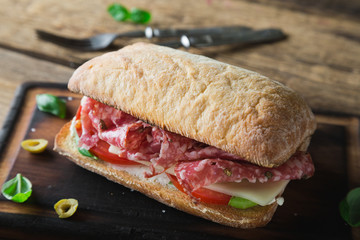 Big italian sandwich. Salami sandwich
