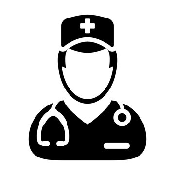Medical consultation icon vector male person profile avatar with a stethoscope for treatment in Glyph Pictogram illustration