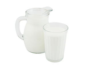 Jar of milk and glass isolated on white