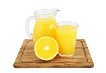 Glass and jar of orange juice on wooden board isolated on white 