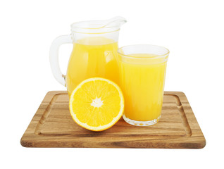 Orange juice in glass and jar with orange fruit on wooden board isolated on white